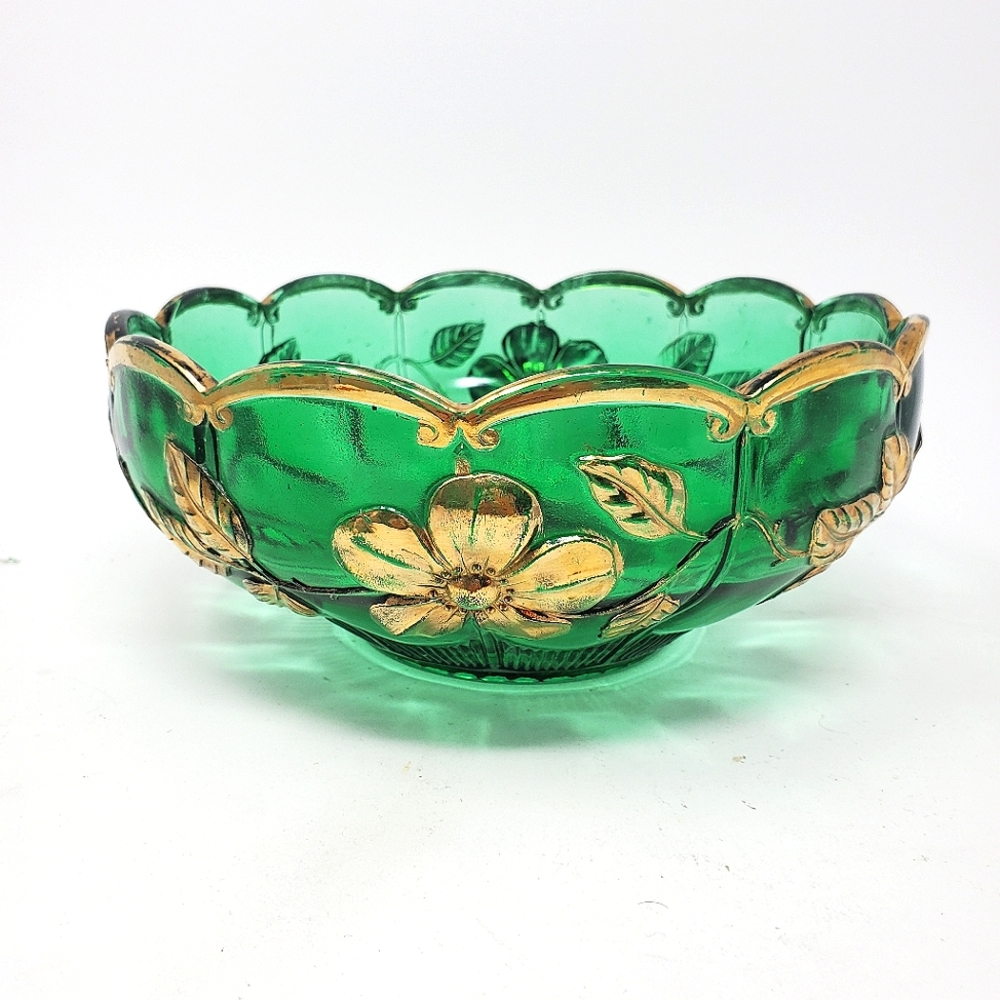 VTG US Glass Co EAPG Emerald Green Dogwood Gold Trim Bowl